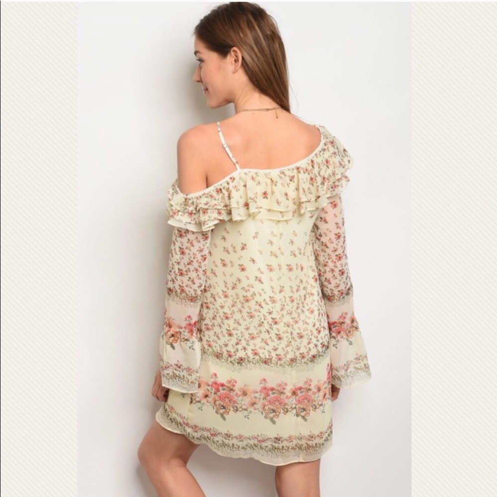 Ivory Floral Boho Off Shoulder Ruffle Tunic Dress - Picture 3 of 3